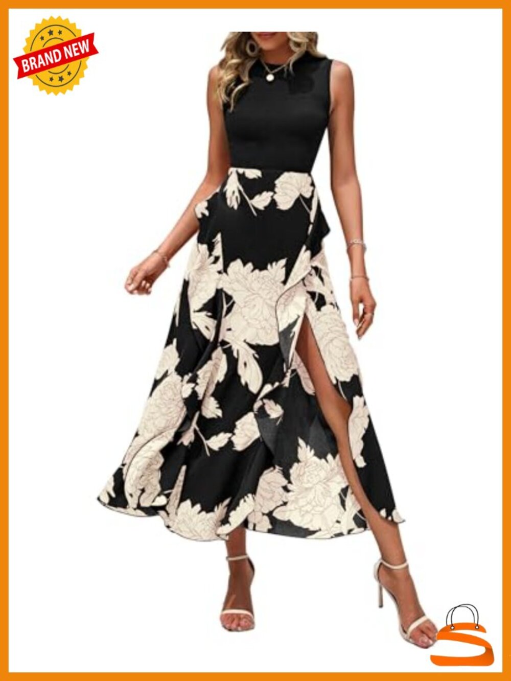 Women's Sleeveless Floral Midi Dress Wedding Guest A-Line Ruffle Hem